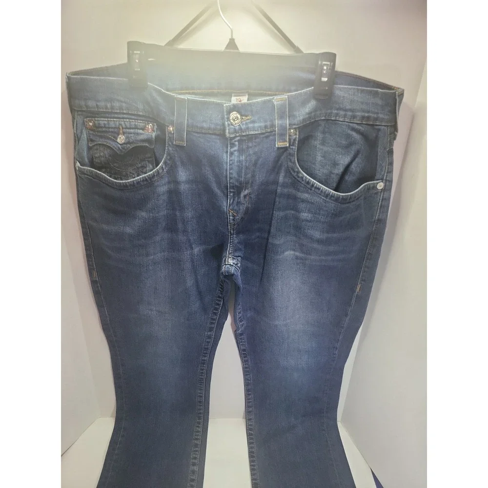 True Religion Ricky Jeans Mens 38x32 Distress Blue Straight Leg Flap Pocket‎